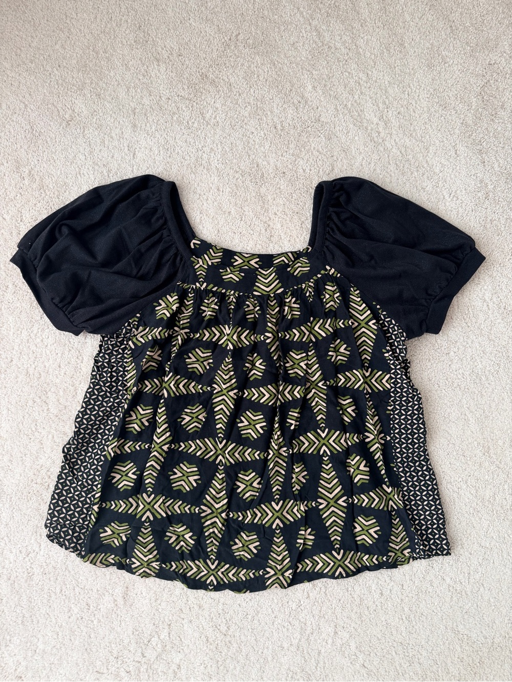 Anthropologie Black Blouse with Olive Geometric Print